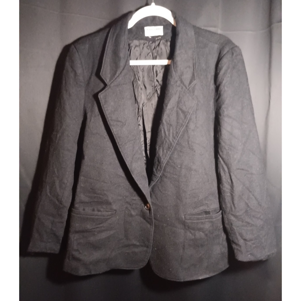 Vintage Wool Blazer Jacket Size 16 Womens Black Alfred Dunner Made In USA Career